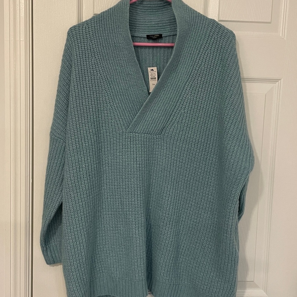 Talbots  Outlet  Shawl Collar Lightweight knit  Aqua V-Neck Sweater New size 3X - Picture 3 of 7